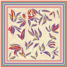 A colorful square floral scarf pattern with swirling leaves in red, purple, and orange against a cream background, framed by intricate borders.