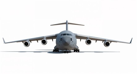 A heavy military transport airplane with wide body large cargo bay and four turbofan engines on plain white background