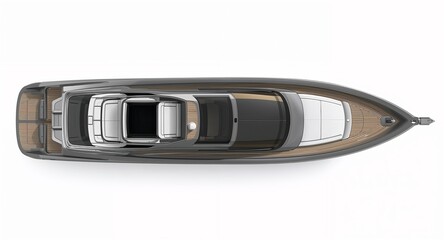 A luxury private speed yacht boat with tinted windows sleek deck furniture and polished chrome details on plain white background