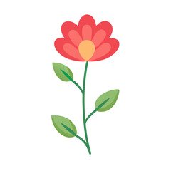 Illustration of a vibrant flower with bright red petals, a sunny yellow center, and lush green leaves