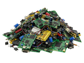 Pile of discarded electronic circuit boards and components representing e waste recycling and technology obsolescence isolated on transparent background
