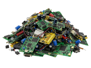 Pile of discarded electronic circuit boards and components representing e waste recycling and technology obsolescence isolated on transparent background