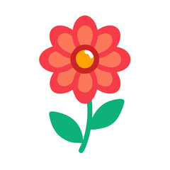 Illustration of a charming flower with delicate red petals, a sunny yellow center, and lush green leaves
