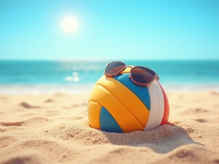 Obraz premium Colorful volleyball resting on sandy beach with sunglasses and ocean background