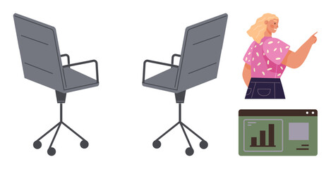 Fototapeta premium Two ergonomic office chairs beside a woman pointing at data charts on a digital screen. Ideal for teamwork, office setup, presentation, leadership, analysis, decision-making, productivity. Simple
