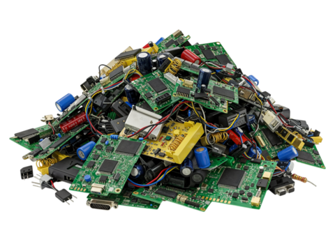 Pile of discarded electronic circuit boards and components representing e waste recycling and technology obsolescence isolated on transparent background