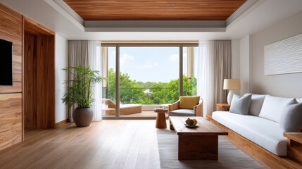 Fototapeta premium Spacious Suite with Natural Wood Finishes and Large Windows