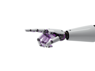 Close up of a futuristic robotic hand with a pointing finger gesture isolated on transparent background
