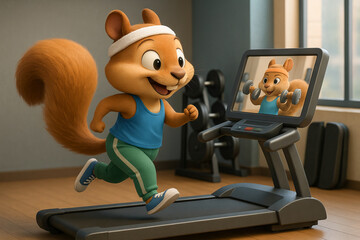 Illustration of a cheerful squirrel running on a treadmill in a gym setting. concept of fitness motivation, exercise routine, active lifestyle