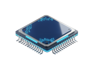 Detailed isometric view of a modern computer processor chip with glowing blue circuitry isolated on transparent background