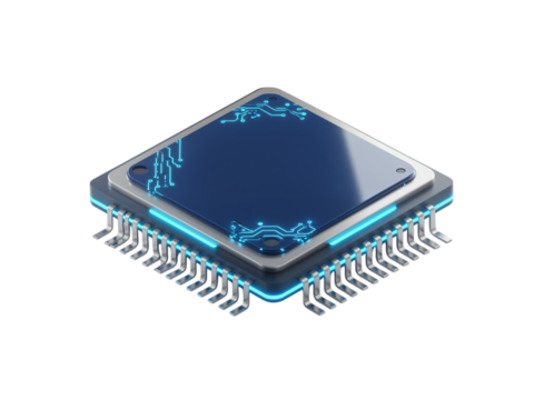 Detailed isometric view of a modern computer processor chip with glowing blue circuitry isolated on transparent background