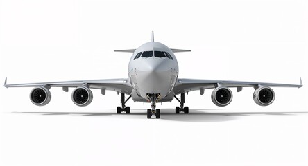 A modern cargo airplane with extended fuselage reinforced landing wheels and four massive engines on plain white background