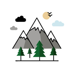 Vector art of a serene mountain scene illustration, showcasing snowcapped mountains, lush green trees, and a peaceful sky with clouds