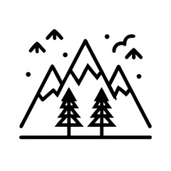 Vector art of stylized line art illustration of a mountain range with pine trees and birds in the sky, representing nature and outdoor adventure