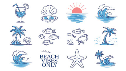 Create a stunning summer vibe with this charming beach-themed icon set featuring palm trees, ocean waves, tropical drinks, and marine life, perfect for your next travel or vacation project