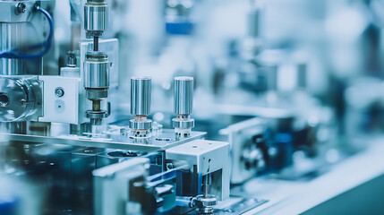 Close-up view of automated machinery in a high-tech manufacturing facility