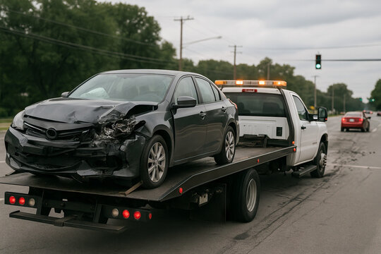 Fototapeta Tow truck transporting damaged car after accident on city street with traffic in background. concept of road safety, accident recovery, urban transport