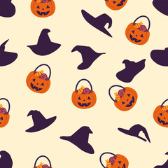 halloween seamless pattern, halloween seamless background. Cute Halloween seamless pattern with witch hat, pumpkin, candy basket, can. Flat vector illustration. Vector illustration of Halloween party.