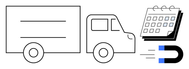 Delivery truck with a calendar for scheduling, alongside a magnet for attraction and retention. Ideal for logistics, planning, delivery, organization, marketing, operational efficiency, simple flat