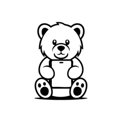 Obraz premium Cute teddy bear mascot holding a tablet, perfect for kids apps, tech education, or playful brand identity. 