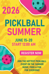 Pickleball Cup 2026. Vector bannerposter for the Summer Pickleball Cup. Bright colors, rackets, balls in a modern style. The design is suitable for sporting events, tournaments, promotional materials