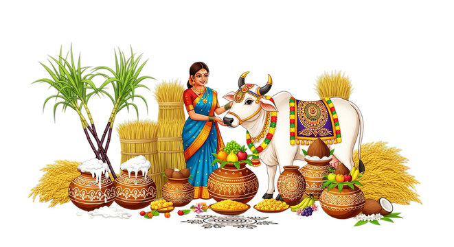 Indian pongal day, Woman In Sari, Decorated Cow, Pottery and Fresh Produce