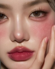 Fototapeta premium Close-up of stunning woman's face with glossy lips and flawless skin, emphasizing natural beauty and makeup artistry for beauty and cosmetic campaigns