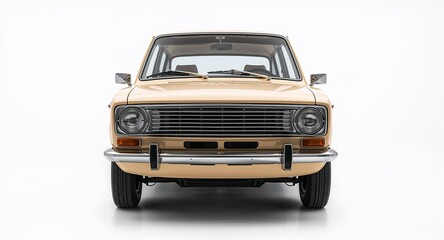 A retro hatchback car with boxy shape chrome grille and simple headlights on plain white background