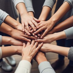 Diverse hands stacked together symbolizing teamwork unity and common purpose