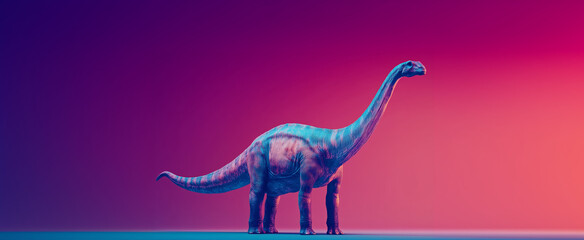 Obraz premium Giant dinosaur stands majestically against a vibrant gradient background showcasing a mix of purple and blue hues during a serene moment in an imaginative landscape