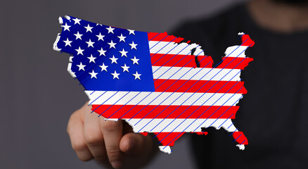 High-quality image of a hand interacting with a digital US map designed as the American flag....
