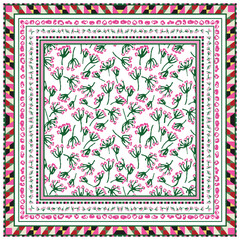 A vibrant square scarf patterned  featuring green floral designs and pink accents, framed by colorful geometric borders.

