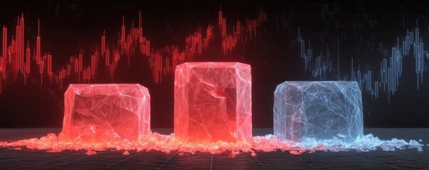 Abstract, glowing geometric podiums with a futuristic financial data background