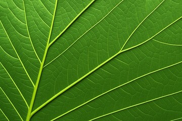 Detailed macro closeup of a vibrant green leaf texture, showing intricate vein patterns and the natural cellular structure of a fresh plant, symbolizing growth, health, ecology, and the clean energy.