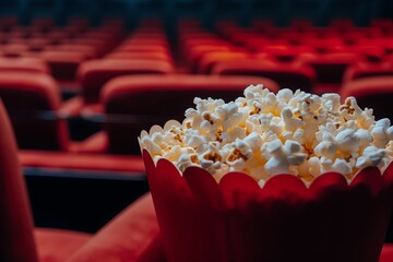 Close-up of a red popcorn bucket filled with buttery popcorn, set against a blurred background of empty red theater seats, evoking a cinematic experience and anticipation