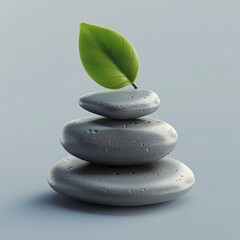 Stacked gray stones with a vibrant green leaf on top, symbolizing balance and tranquility in a serene environment, showcasing natural harmony and wellness concepts
