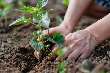 Hands of a gardener planting a young green seedling into rich brown soil, surrounded by lush greenery, showcasing the beauty of nurturing nature and sustainable gardening practices
