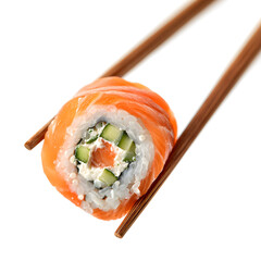 Fresh salmon sushi roll with cucumber and cream cheese held by chopsticks on white background, perfect for restaurant menus, food photography, cookbooks, and culinary advertising.
