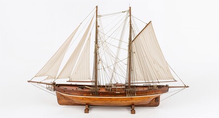 Naklejka premium A retro wooden sailboat with tall mast white sails and polished deck details on plain white background