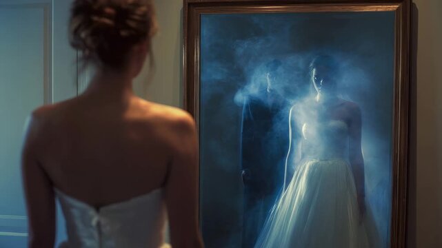 bride sees husband ghost in the mirror animation