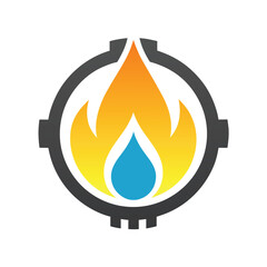 Circular logo with orange yellow flame and blue drop energy fire