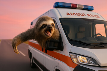Sloth leaning out of ambulance window