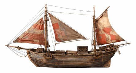 A rustic cargo sailing boat with patched sails wooden crates and hemp ropes tied across on plain white background
