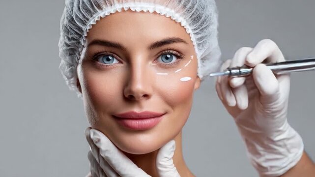 A beauty botox treatment with a woman's face and cosmetic injection syringe for skin care and plastic surgery