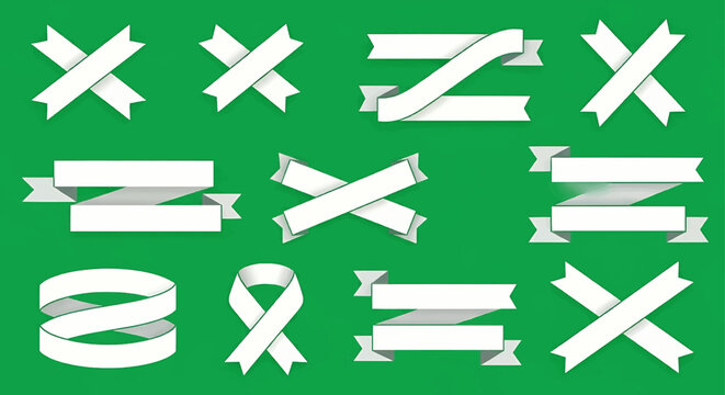 A collection of white ribbon banners and symbols on a green background, showcasing various designs and orientations.