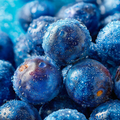 Frozen blueberries covered with frost and delicate water droplets in macro detail, highlighting freshness, cool tones and natural textures for food and copy space concepts.