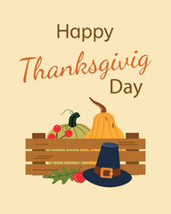 Happy Thanksgiving day.  Modern minimalistic poster with cartoon pumpkins in a garden box, an antique hat and autumn leaves. Template for social media,  greeting cards and typography.