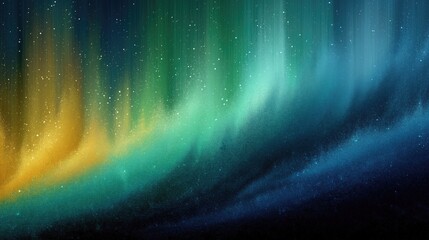 Abstract aurora borealis with vibrant gradient colors of yellow, green, and blue against starry night sky background, creating a cosmic and ethereal aesthetic ideal for wallpaper, poster