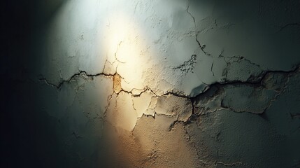 Cracked old wall with intricate texture and dramatic light casting shadows, creating a rugged atmospheric aesthetic ideal for wallpaper, poster, banner use in interior design, vintage styling