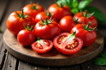 Luscious red tomatoes, juicy slices on rustic wood , slices, produce, tomatoes